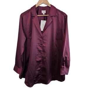 Isabel Maternity Blouse Womens Large Purple Satin Button Top Silky Collared